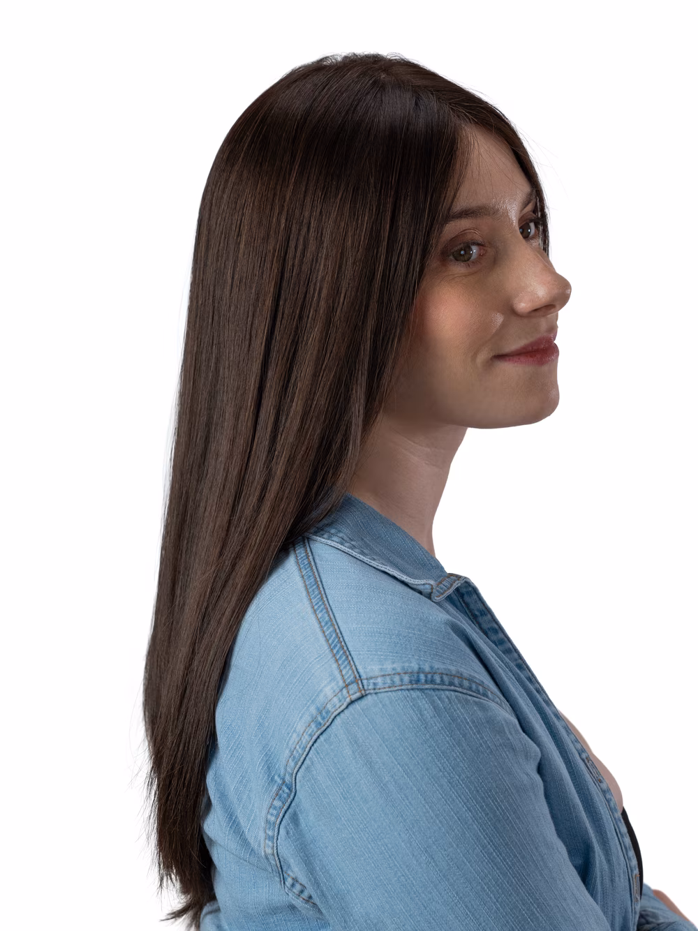 Sarah kosher sheitel in Dark Walnut, side profile showing the length