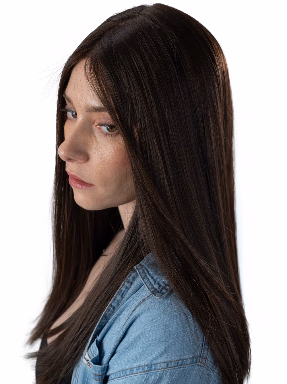 Sarah kosher sheitel in Dark Walnut, three-quarter view of the straight fall
